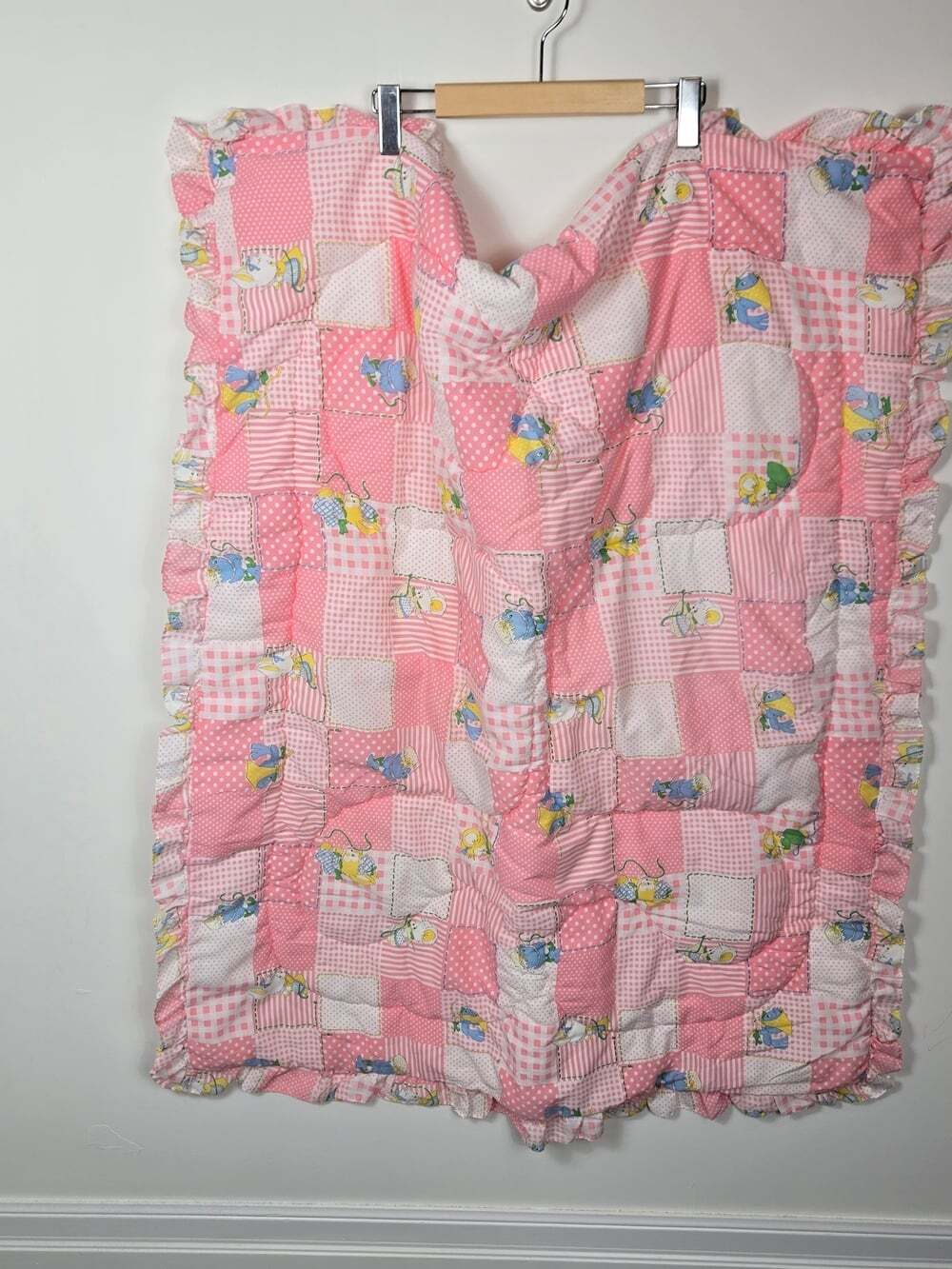 Vintage Baby Blanket Pink Patchwork Ruffle Nursery Cottagecore Storybook 43x35